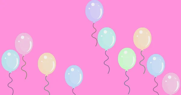 图片中的生日庆祝与多色气球漂浮在粉红色的背景 庆祝乐趣概念数码生成的图像 — 图库照片