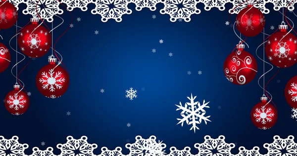 Изображение Рождественских Красных Безделушек Белого Убранства Падающего Синий Фон Снега — стоковое фото
