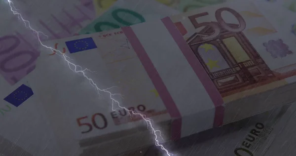 Composición Digital Del Efecto Del Trueno Frente Los Billetes Euros —  Fotos de Stock