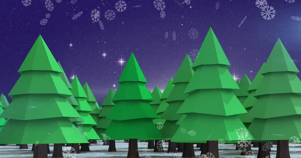 Wizerunek Świątecznej Zimowej Scenerii Opadającym Śniegiem Zielonymi Jodłami Niebieskim Tle — Zdjęcie stockowe