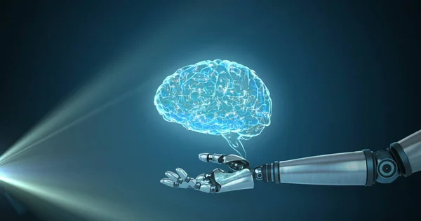 Bild Blå Glödande Mänsklig Hjärna Roterande Med Robot Arm Sträcker — Stockfoto