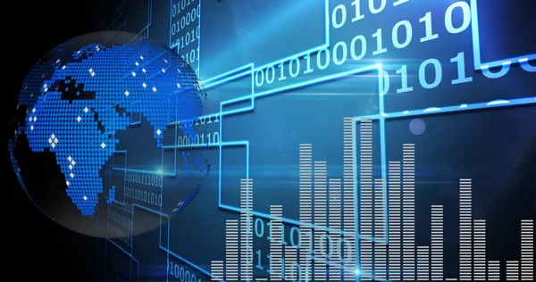 Solda Dünya 'nın mavi bir bitmap, üst ekranda ikili kodlar serisi ve altta dalgalanan çubuk grafiği