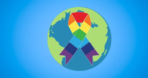 Rainbow ribbon over globe on blue background. lgbtq pride and equality celebration concept digitally generated video.