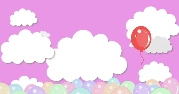 Изображение Празднования Дня Рождения Летящим Красным Шаром Разноцветными Воздушными Шарами — стоковое фото