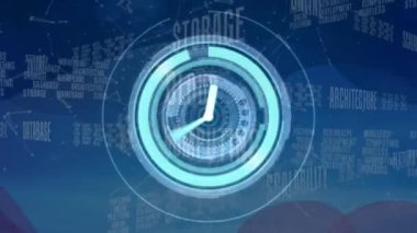 Bilgisayar terminolojisi metni ve veri işleme üzerinden saatin animasyonu. İletişim, bağlantı ve arayüz teknolojisi konsepti dijital olarak oluşturulmuş video.