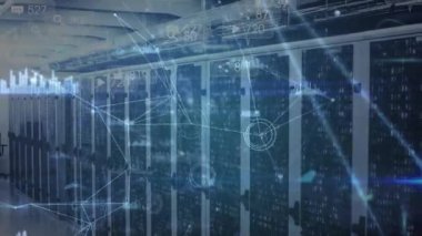 Sunucu odasındaki bağlantı ağının animasyonu. küresel dijital arayüz, teknoloji ve bağlantılar konsepti dijital olarak oluşturulmuş video.