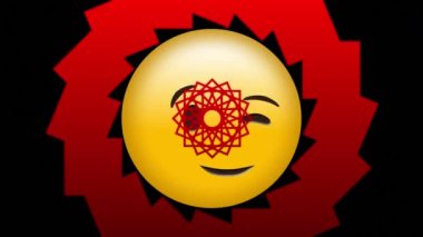 Hareket eden kırmızı kaleydoskopik şekillerin üzerine göz kırpan emoji simgesi animasyonu. küresel sosyal medya ve iletişim konsepti dijital olarak oluşturulmuş video.