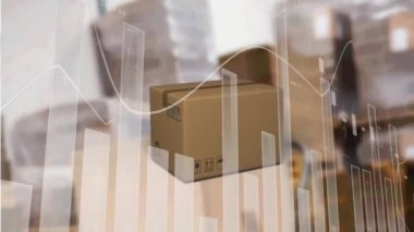 Ambardaki raflarda işlenen paket ve istatistiklerin animasyonu. küresel gönderim ve bağlantılar konsepti dijital olarak oluşturulmuş video.