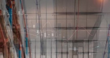 Boş bir depoda veri işleme animasyonu. küresel sevkiyat, dağıtım ve bağlantılar konsepti dijital olarak oluşturulmuş video.