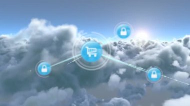 Gökyüzündeki bulutların üzerindeki simgelerle bağlantı ağının animasyonu. küresel çevrimiçi bağlantılar, dijital arayüz ve dijital olarak oluşturulan iletişim konsepti.