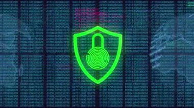 Karanlık arka planda asma kilit veri işleme ve bağlantı ağının animasyonu. küresel internet güvenliği, dijital arayüz ve bağlantılar konsepti dijital olarak oluşturulmuş video.