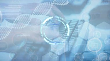 Klavyede el yazısıyla tarama, DNA ipliği ve bağlantı ağının animasyonu. küresel bağlantılar, dijital arayüz, dijital olarak oluşturulan veri işleme konsepti.