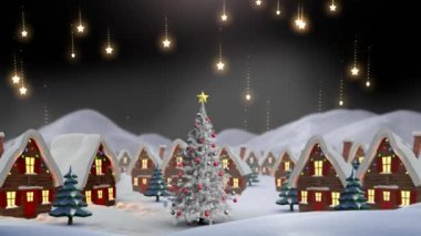 Peri ışıklarıyla evlerin üzerine düşen yıldızların canlandırması. Noel, gelenek ve kutlama konsepti dijital olarak oluşturuldu.