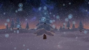 Kışın köknar ağaçlarının üzerine düşen kar animasyonu. Noel, kış ve kutlama konsepti dijital olarak oluşturuldu.