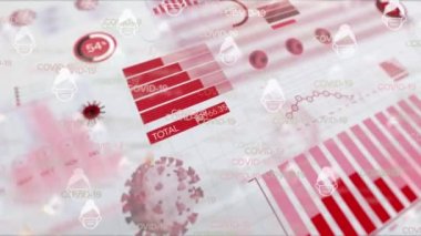 Covid 19 hücrenin ve istatistik kaydı olan metnin animasyonu. küresel covid 19 salgın ve veri işleme konsepti dijital olarak oluşturulmuş video.