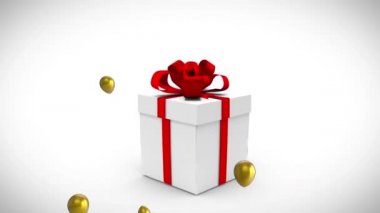 Beyaz hediye kutusunun üzerinde altın balonların animasyonu renkli konfetileri açıyor ve 18 numara, doğum günü, kutlama, parti, gelenek ve olay konsepti dijital olarak üretiliyor..