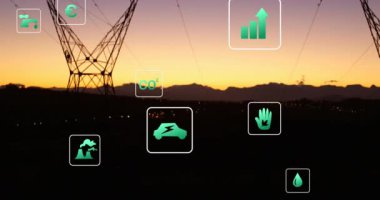 Elektrik hatları üzerinde dijital simgelerin canlandırılması. küresel dijital arayüz, veri işleme ve teknoloji konsepti dijital olarak oluşturulmuş video.
