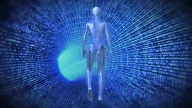 Dijital tünelde yürüyen insan animasyonu. küresel sağlık, ilaç ve sağlık hizmetleri kavramı dijital olarak üretilen video.