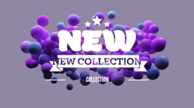 Mor noktalar üzerinde yeni koleksiyon metninin animasyonu. Sosyal medya ve iletişim arayüzü kavramı dijital olarak oluşturulmuş video.