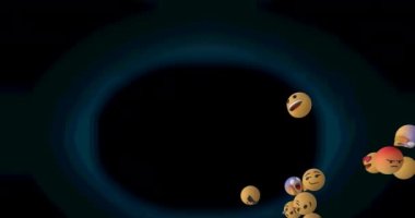 Karanlık arka planda birden fazla düşen emojinin animasyonu. Sosyal medya ve iletişim konsepti dijital olarak oluşturulmuş video.