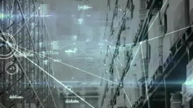 Depodaki rafların üzerinden bağlantı ağının animasyonu. küresel gönderim ve bağlantılar konsepti dijital olarak oluşturulmuş video.