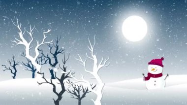Eve ve kardan adama yağan kar animasyonu. Noel, gelenek ve kutlama konsepti dijital olarak oluşturuldu.