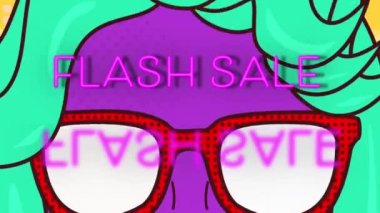 Animatorom od flash-sell metni güneş gözlüklü retro çizgi film yüzü üzerinde. Vintage satışlar, tasarruf ve iletişim konsepti dijital olarak oluşturulmuş video.
