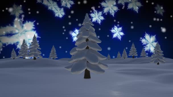 青い背景に木々の上に降る雪のアニメーション クリスマス お祝いのコンセプトをデジタルで — ストック動画