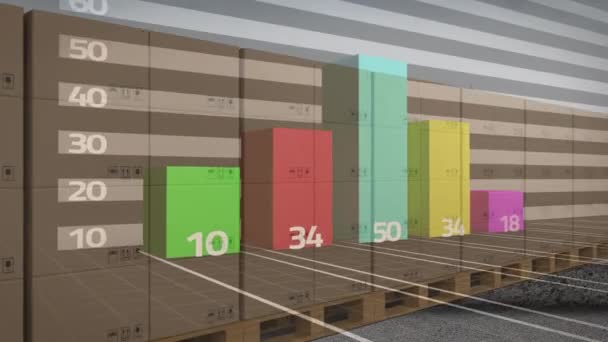 Animazione Elaborazioni Statistiche Scatole Cartone Nastro Trasportatore Concetto Globale Spedizione — Video Stock