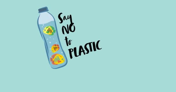 蓝色底色瓶子中的防塑文字和鱼的动画 全球环保及环保意识概念数码录影 — 图库视频影像