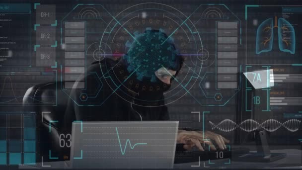 Animación Del Procesamiento Datos Través Hacker Con Computadora Portátil Seguridad — Vídeos de Stock