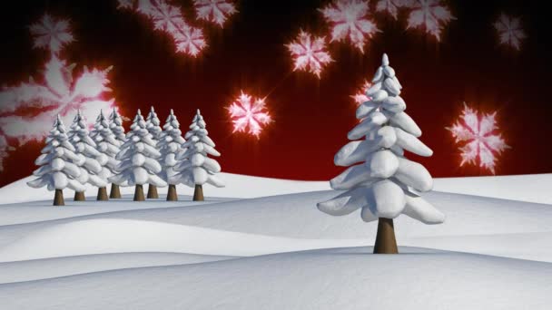 Kırmızı Arka Planda Ağaçların Üzerine Düşen Kar Animasyonu Noel Gelenek — Stok video