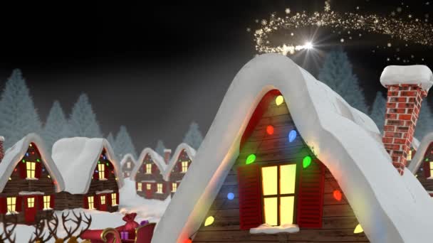 Animación Nieve Cayendo Sobre Casas Con Luces Hadas Navidad Tradición — Vídeos de Stock