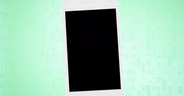 Animacja Zielony Tekst Logo Liści Niebieskim Ekranie Smartfona Zielonym Tle — Wideo stockowe