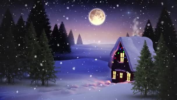 雪橇上的圣爪与驯鹿在降雪 房屋和月亮上的动画 圣诞节 传统和庆祝概念数字制作的视频 — 图库视频影像