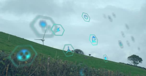 Анімація Цифрових Значків Над Вітровими Турбінами Глобальний Цифровий Інтерфейс Обробка — стокове відео