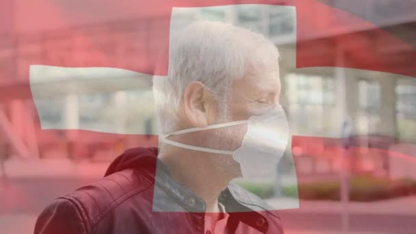 Animation Flaggan Vifta Över Människan Ansiktsmasker Globalt Covid Koncept För — Stockvideo