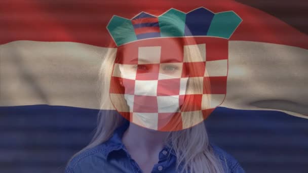 Animace Vlajky Chorvatska Nad Ženou Masce Globální Covid Pandemický Koncept — Stock video