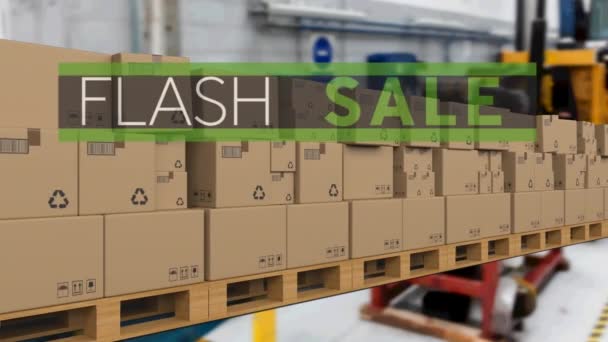 Animation Flash Sale Text Cardboard Boxes Conveyor Belt Global Delivery — Stock Video