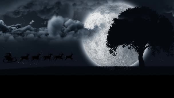 Анимация Санта Клауса Санях Северными Оленями Проходящими Над Луной Деревом — стоковое видео
