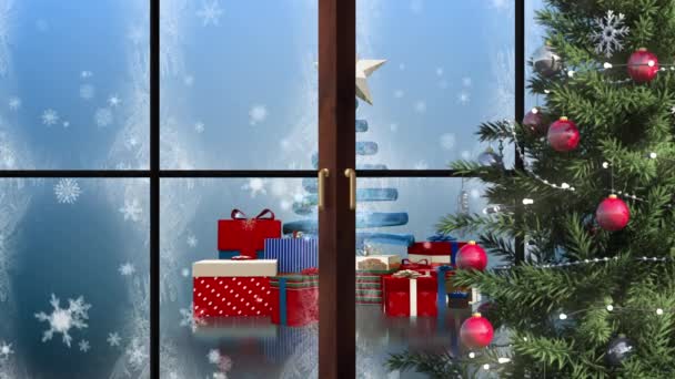 Animace Zimní Scenérie Vánoční Výzdobou Přes Okno Vánoční Tradiční Slavnostní — Stock video