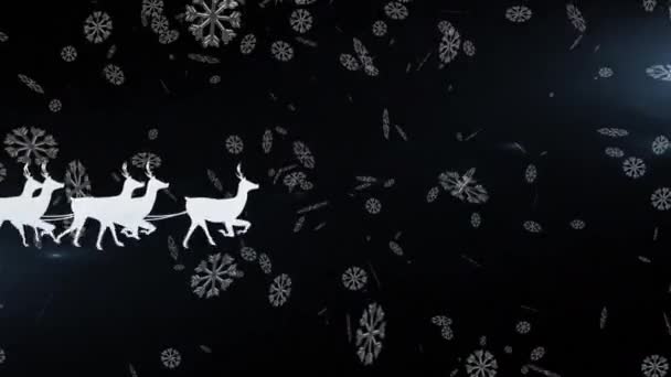 Animatie Van Witte Santa Slee Rendieren Met Vallende Sneeuwvlokken Zwarte — Stockvideo