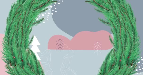 Animation Des Tannenbaumkranzschmucks Über Der Winterlandschaft Weihnachten Tradition Und Festkonzept — Stockvideo