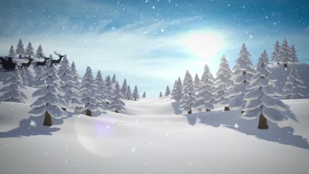 雪橇上的圣爪动画 驯鹿穿过雪地的冬季风景 圣诞节 传统和庆祝概念数字制作的视频 — 图库视频影像
