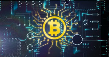 Veri işleme ve bilgisayar devre kartının üzerinden akan sarı bitcoin sembolü. Şifreli para birimi sanal küresel finans sektörü konsepti dijital olarak oluşturulmuş görüntü.
