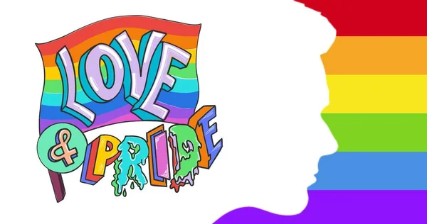 虹の縞の背景に人間の頭のプロフィールの上の愛と誇りのテキスト Lgbtq誇りと平等のお祝いの概念デジタル生成されたビデオ — ストック写真