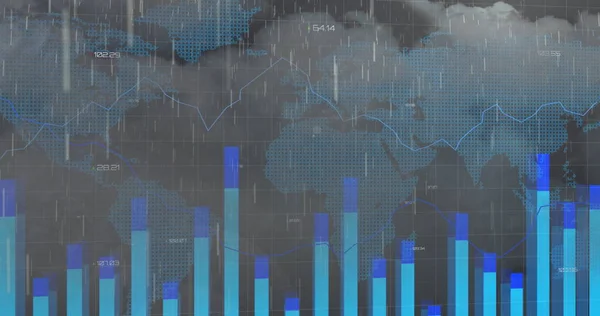 Composição Digital Processamento Dados Financeiros Sobre Mapa Mundo Contra Chuva — Fotografia de Stock
