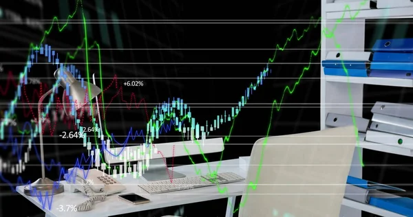 Imagen Del Procesamiento Datos Financieros Con Líneas Fluctuantes Sobre Escritorio —  Fotos de Stock