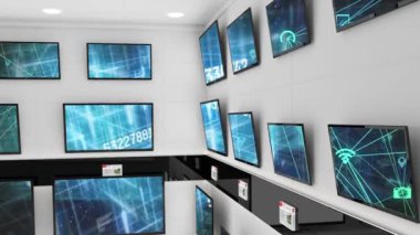 Dükkan ekranında birden fazla düz ekran televizyon üzerinden görüntülenen ağ ve veri işleme animasyonları. eğlence ve akıllı teknoloji sektörü ve perakende konsepti dijital olarak oluşturulmuş video.