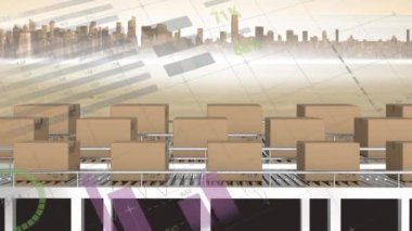 Taşıyıcı bantlardaki karton kutuların üzerinden geçen istatistiklerin animasyonu. küresel gönderim ve veri işleme kavramı dijital olarak oluşturulmuş video.